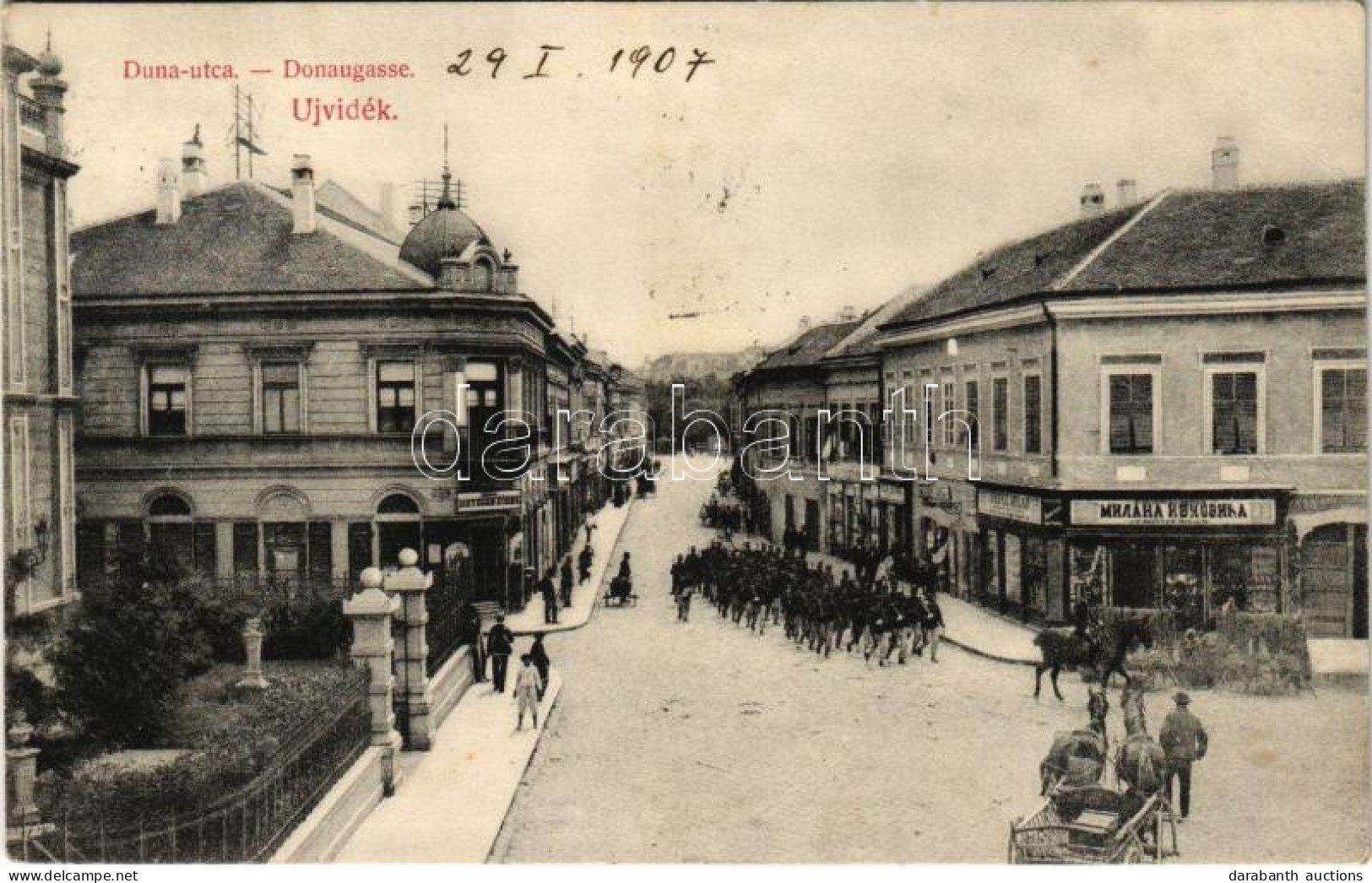 T2 1907 Újvidék, Novi Sad; Duna Utca, Ivkovits Milan, Dietzgem Söhne üzlete, Vonuló Katonák / Street, Shops, Marching So - Unclassified