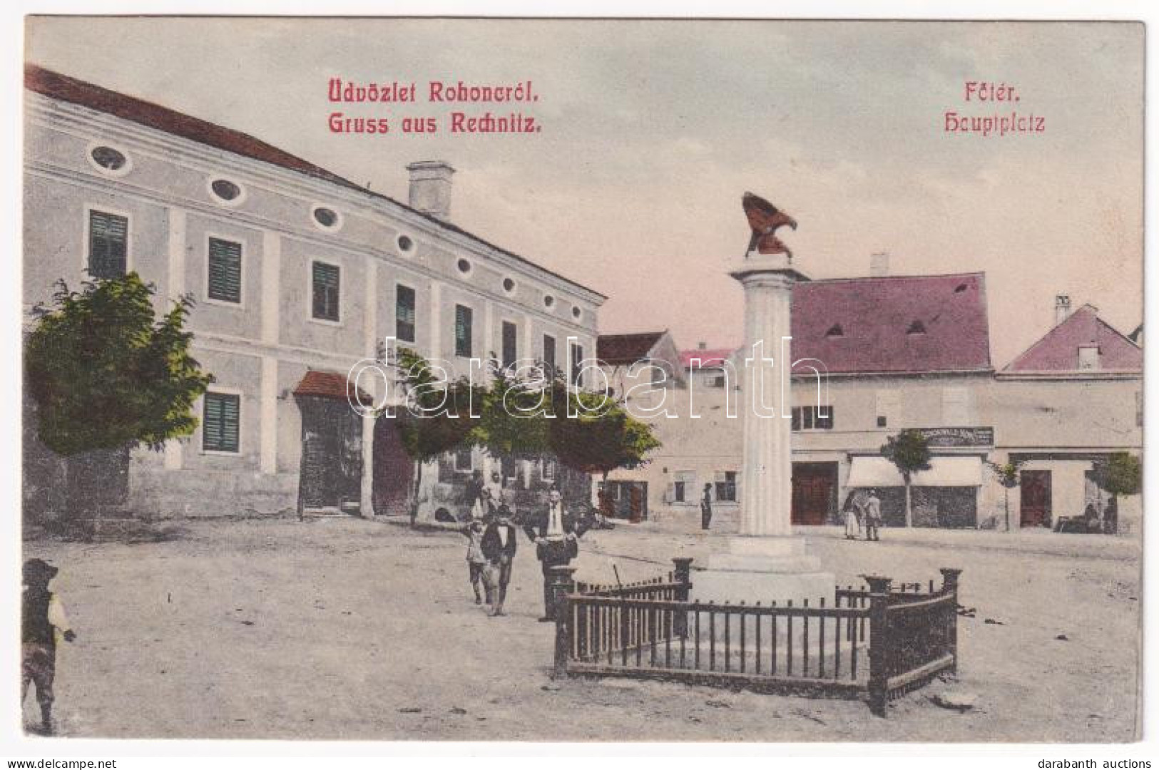 T2/T3 1909 Rohonc, Rechnitz; Fő Tér, Szobor, Schönwald Mór üzlete. W.L. Bp. 2388. Stelczer Adolf Kiadása / Hauptplatz, D - Zonder Classificatie