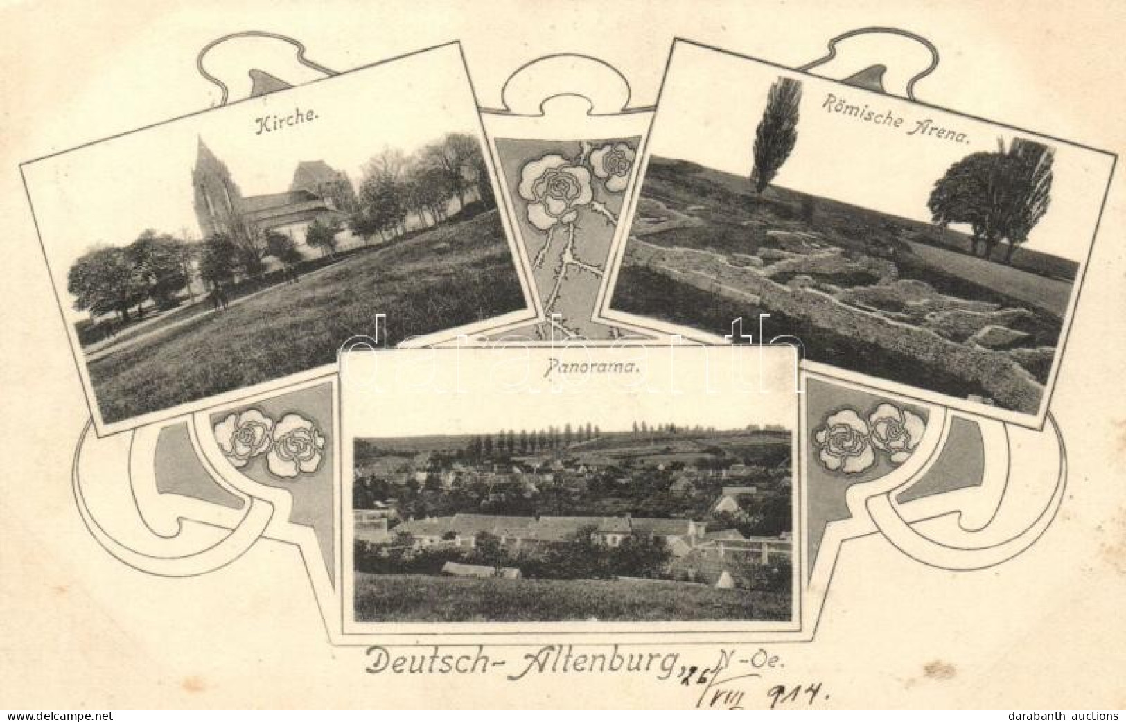 T2/T3 1914 Bad Deutsch-Altenburg, Németóvár; Kirche, Römische Arena, Panorama. Sperlings Postkartenverlag, Art Nouveau ( - Ohne Zuordnung