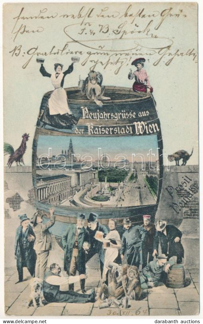 T3 1904 Wien, Vienna, Bécs; Neujahrsgrüsse Aus Der Kaiserstadt Wien / New Year Greeting Art Nouveau Montage With Barrel, - Zonder Classificatie