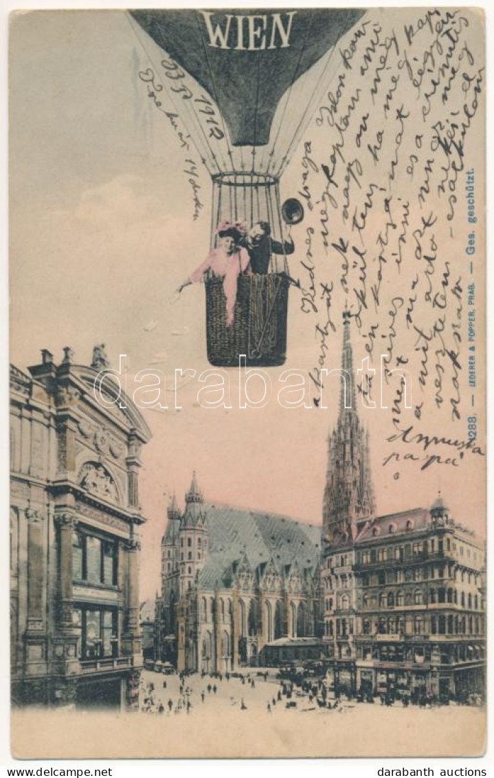 * T2/T3 1912 Wien, Vienna, Bécs; Montage With Hot Air Balloon, Lady And Gentleman (EK) - Ohne Zuordnung