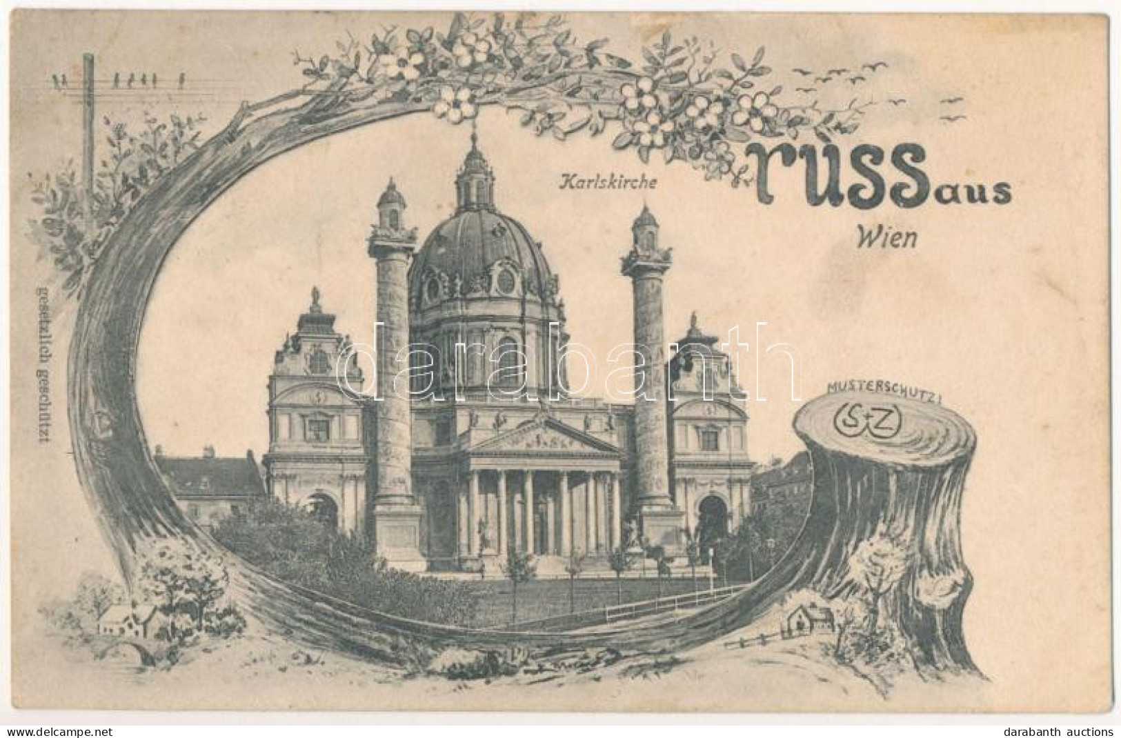 T2/T3 1907 Wien, Vienna, Bécs; Karlskirche. Gruss Aus Wien / Art Nouveau, Floral Frame With Tree Trunk (fl) - Unclassified