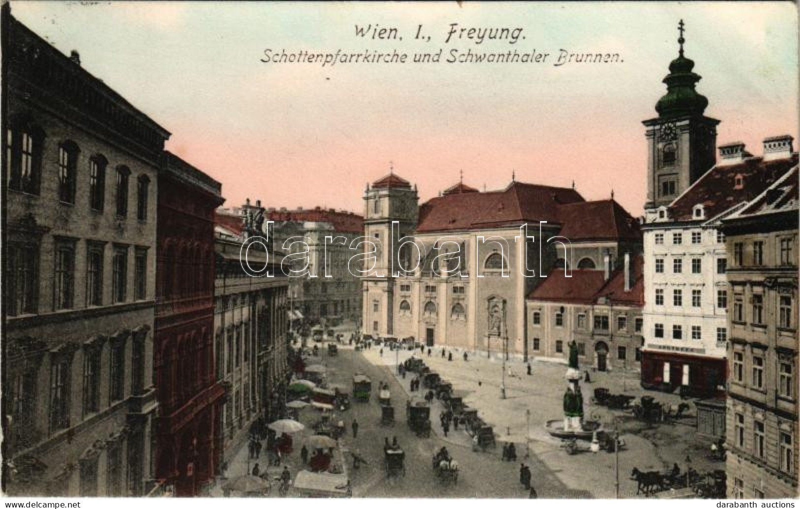 T2/T3 1908 Wien, Vienna, Bécs; Freyung, Schottenpfarrkirche Und Schwanthaler Brunnen, Apotheke / Parish Church, Fountain - Zonder Classificatie