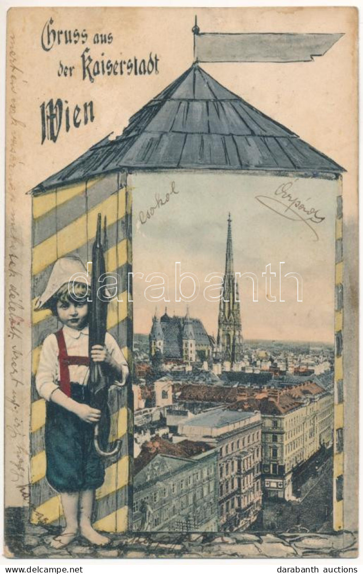 T3 1907 Wien, Vienna, Bécs; Gruss Aus Der Kaiserstadt / Montage With Boy And Umbrella (fl) - Ohne Zuordnung