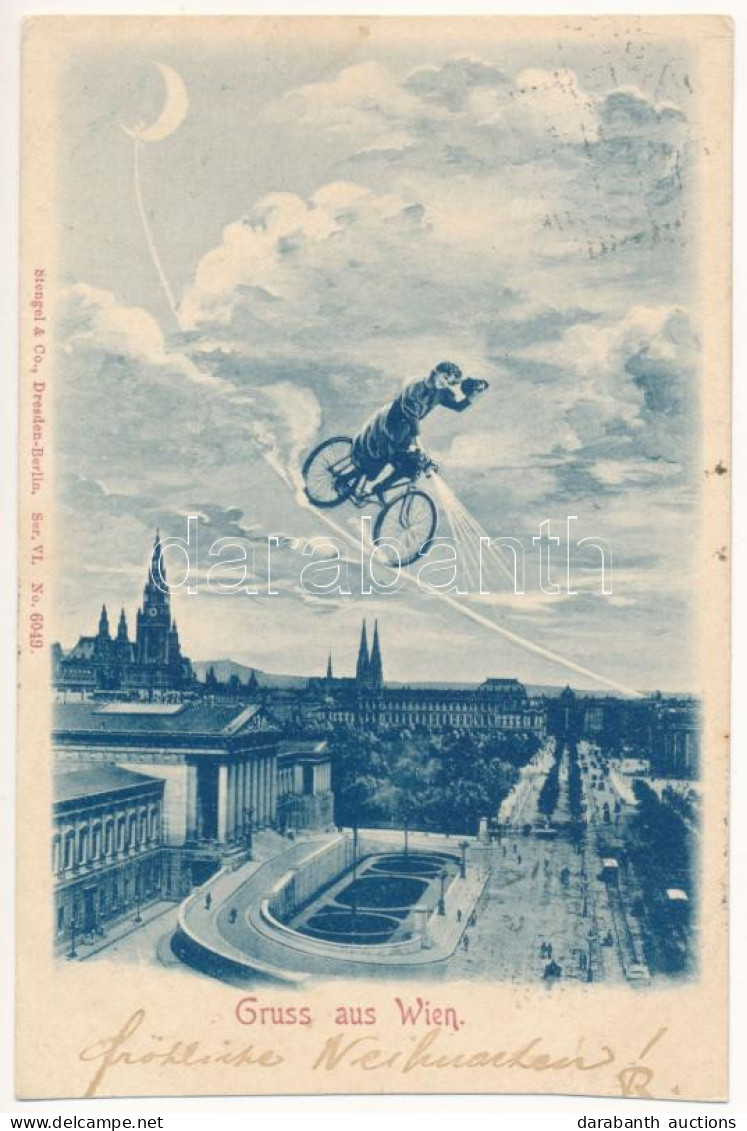 T4 1899 (Vorläufer) Wien, Vienna, Bécs; Gruss Aus / Montage With Lady On A Bicycle In The Air At Night (cut) - Ohne Zuordnung