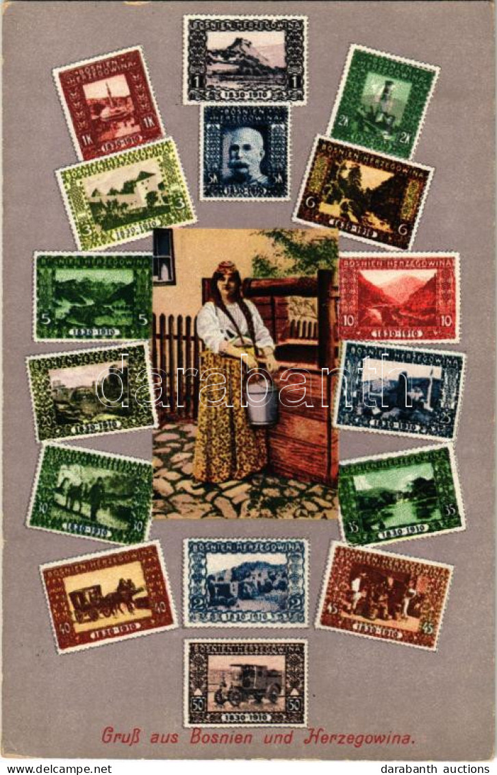 ** T2/T3 Bosnia And Herzegovina, Gruss Aus Bosnien Und Herzegowina / Montage With Stamps And Folklore. Simon Kattan Sara - Non Classés