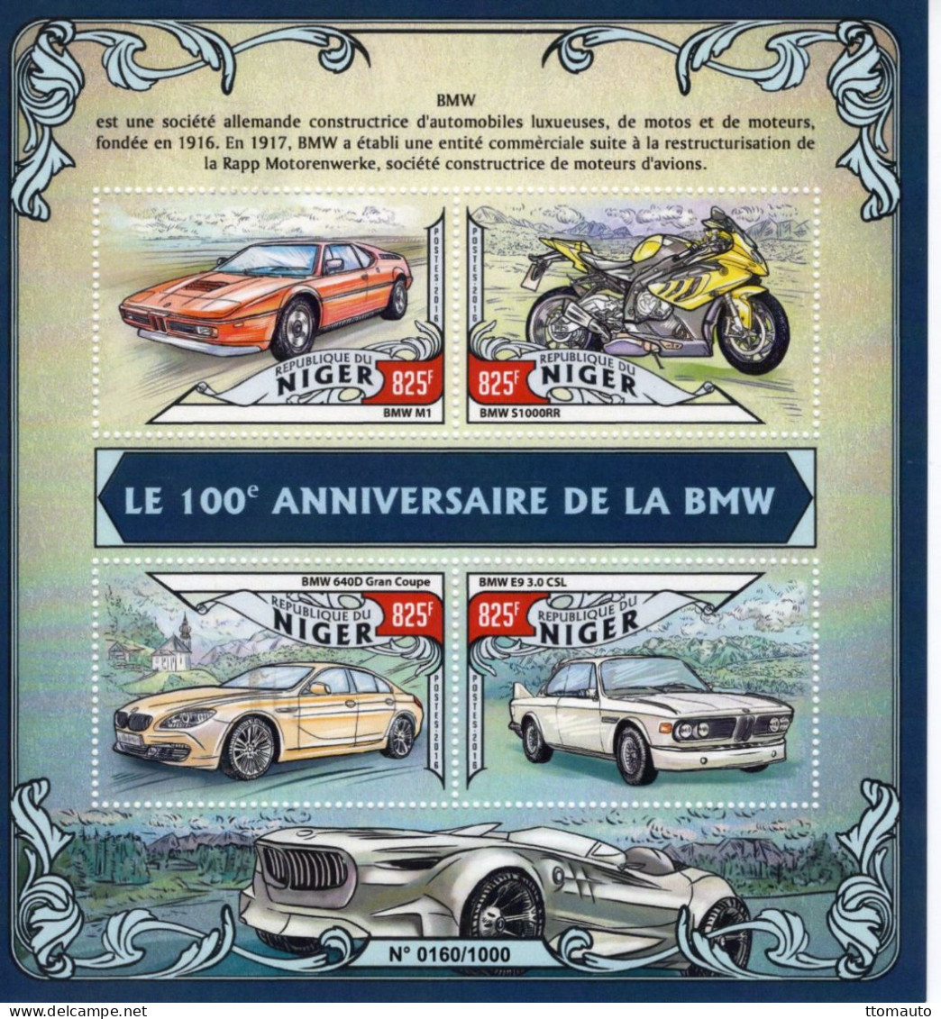 Niger 2016  -  100eme Anniversaire De La BMW - BMW M1-640D Gran Coupé-3.0CSL-S1000RR Moto -  4v MS  Neuf/Mint MNH - Auto's