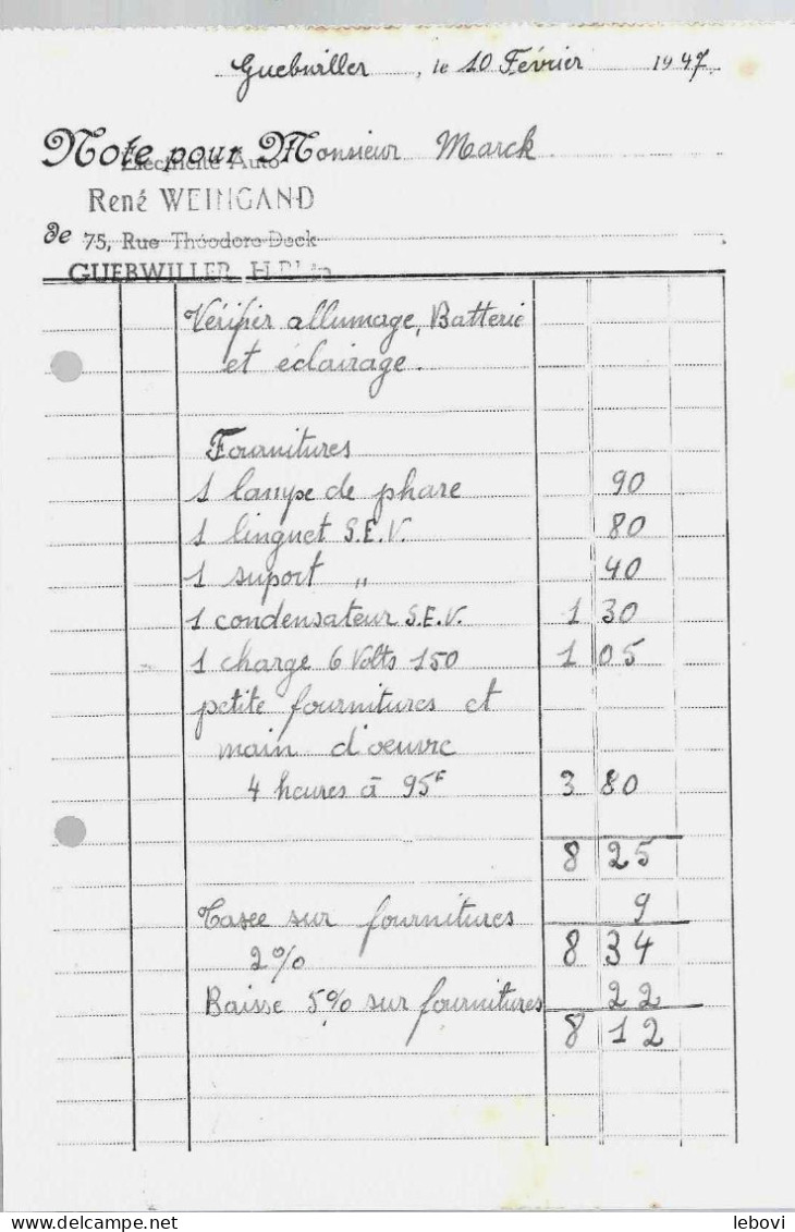 Luxembourg GUEBWILLER - Ets. René WEINGAND – Garage -  Facture (1947) - Luxemburg