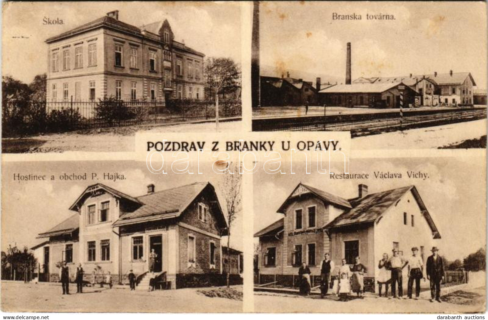 T3 1924 Branka U Opavy, Skola, Branska Továrna, Hostinec A Obchod P. Hajka, Restaurace Václava Vichy / School, Factory,  - Unclassified