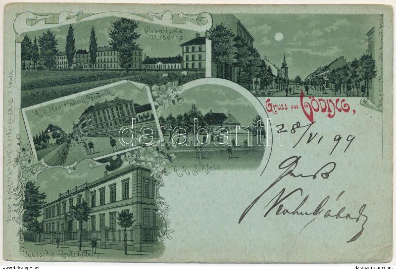 T3 1899 (Vorläufer) Hodonín, Göding; Deutsche Reatschute, K. K. Haupttabak Fabrik, K. K. Schloss, Cavallerie Kaserne / M - Ohne Zuordnung