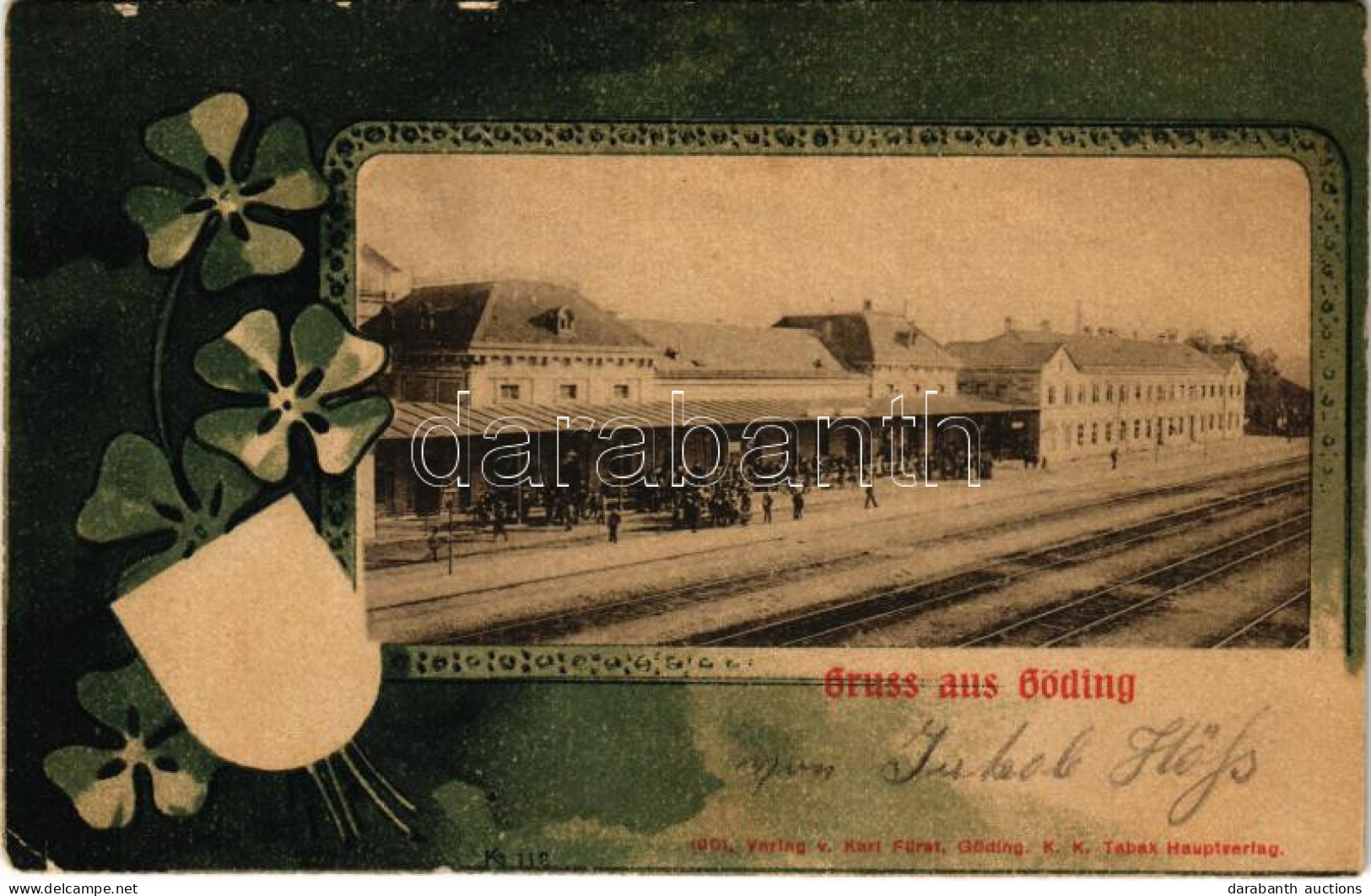 * T2/T3 1903 Hodonín, Göding; Bahnhof / Railway Station. Art Nouveau Litho Frame With Clovers (EK) - Unclassified