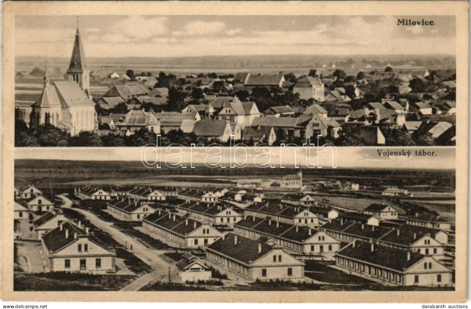 T2 1933 Milovice, Millowitz; Vojensky Tábor, Látkép / Military Camp, Barracks, General View, Church. Nakl. Frantisek Tyc - Non Classés