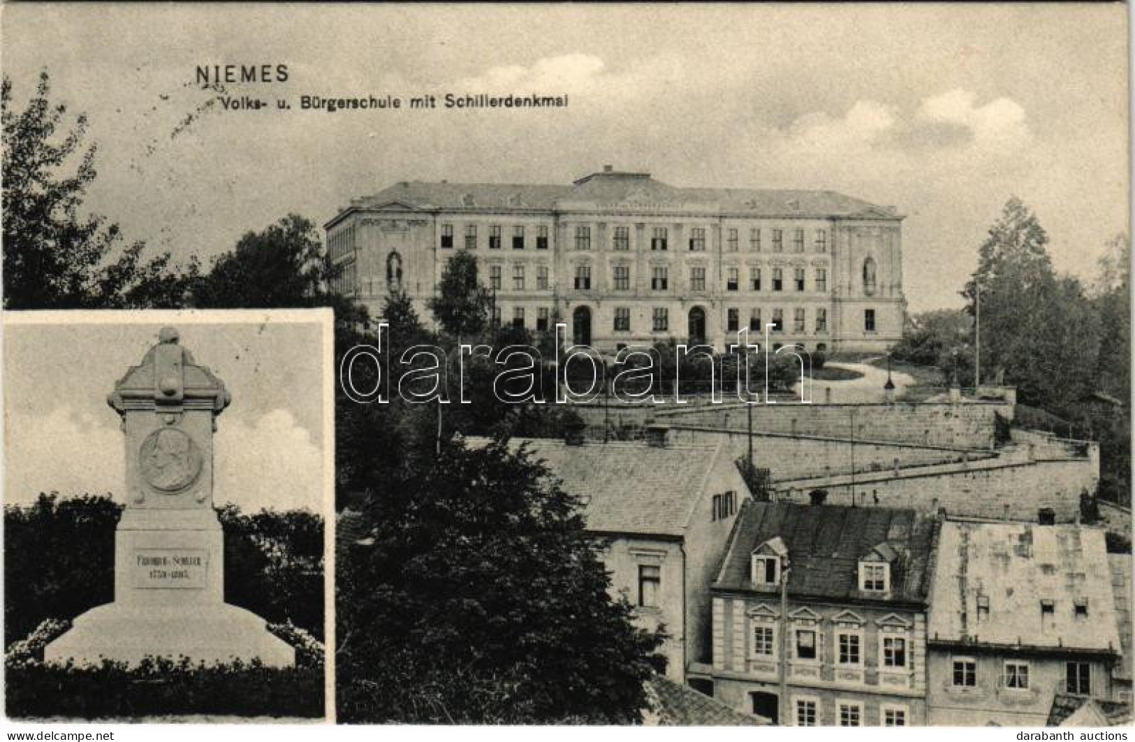 T2 1906 Mimon, Niemes; Volks- Und Bürgerschule Mit Friedrich Schillerdenkmal / School And Monument - Ohne Zuordnung