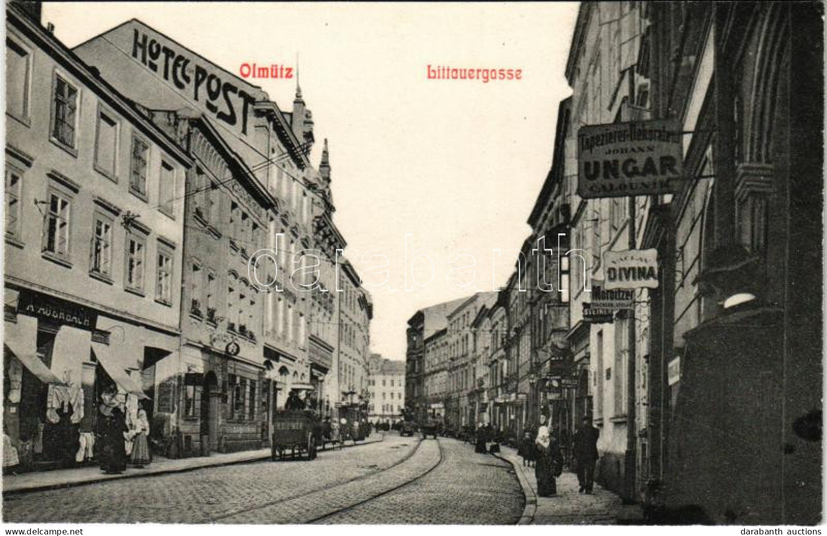 ** T3 Olomouc, Olmütz; Littauergasse, A. Auerbach, Hotel Zur Post, Vaclav Divina, Johann Ungar / Street, Shops, Hotel (R - Zonder Classificatie