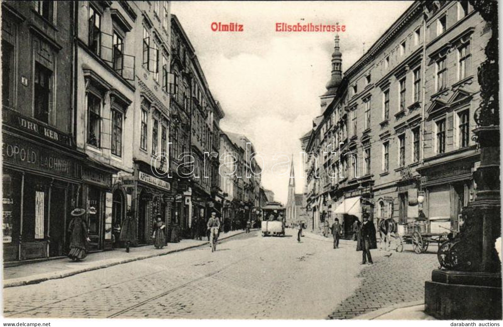 ** T3 Olomouc, Olmütz; Elisabethstrasse, A. Brecher, Leopold Lachnik, Apotheke, Conditorei, Franz Innemann / Street, Tra - Unclassified