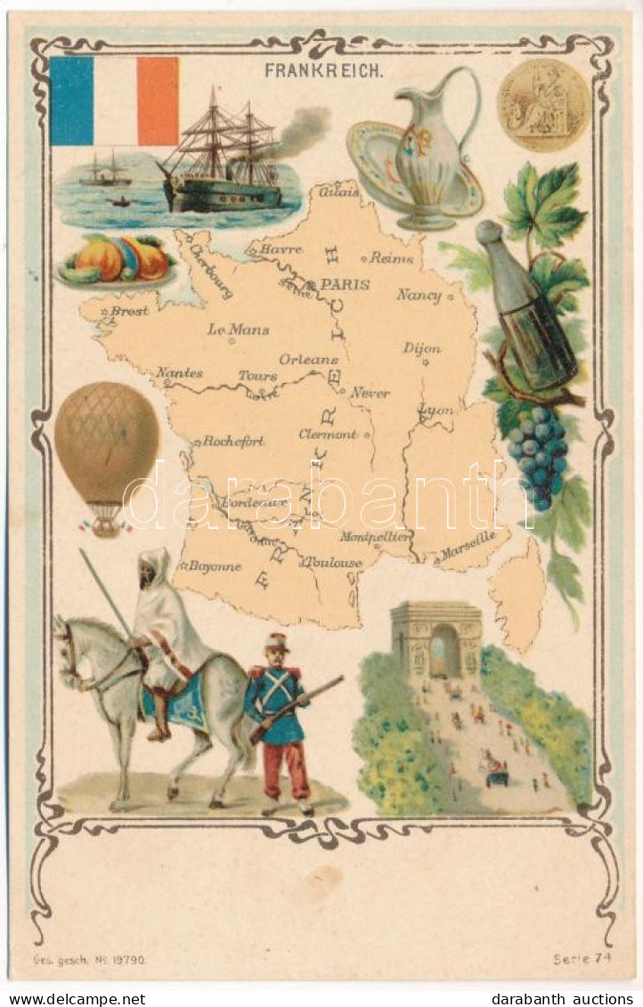 ** T2/T3 Frankreich / France Map, Soldier, Ship, Air Balloon, Grape Vine, Arc De Triomphe. Art Nouveau, Litho - Sin Clasificación