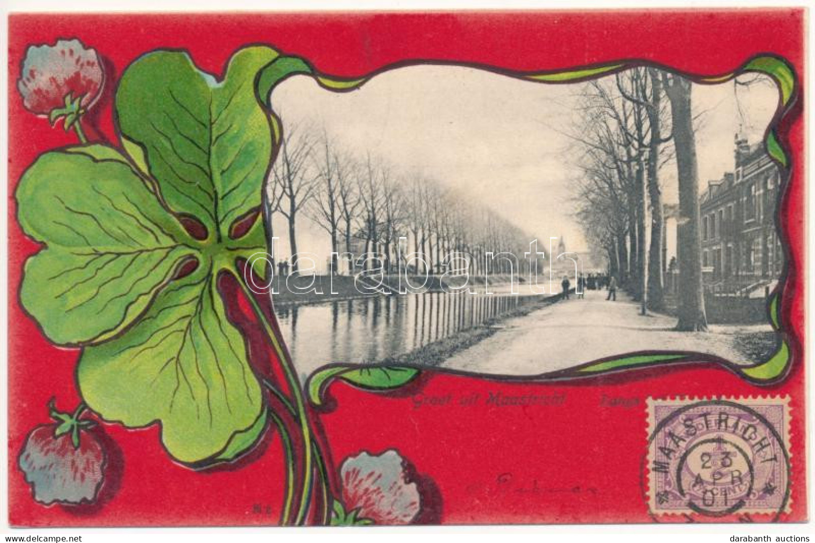 T2 1901 Maastricht, Groet Uit Langs Het Kanaal / Canal, Promenade. Math. Crolla. TCV Card. Art Nouveau, Litho Frame With - Ohne Zuordnung