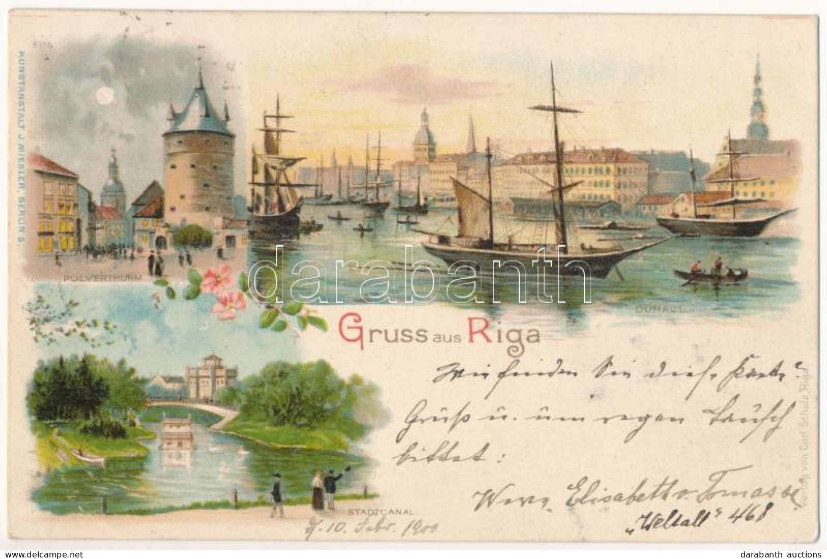 T2 1900 Riga, Dunaquai, Pulverthurm, Stadtcanal / Danube Quay, Tower, Canal. Carl Schulz Art Nouveau, Floral, Litho - Unclassified
