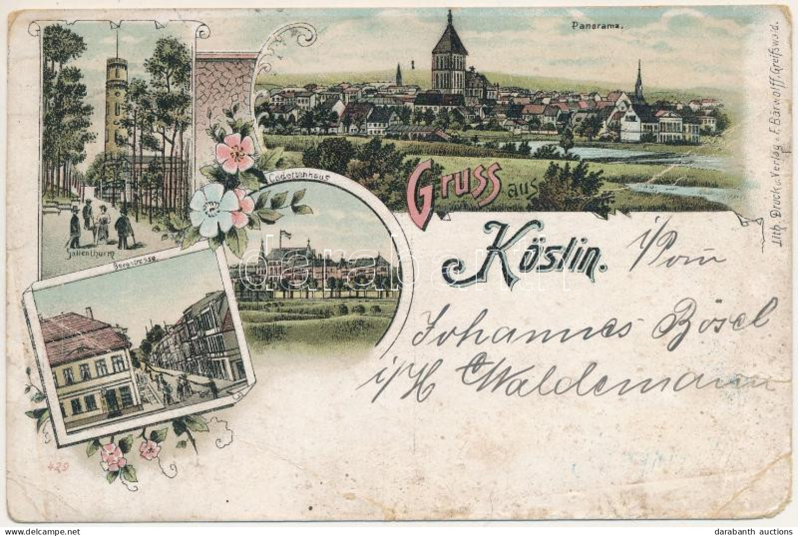 T3/T4 1900 Koszalin, Köslin; Bergstrasse, Gollenthurm / Street, Tower. F. Bärwolff Art Nouveau, Floral, Litho (tear) - Unclassified