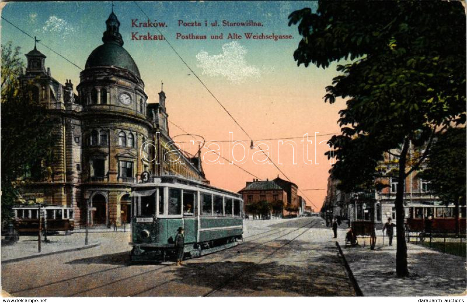 T2 1916 Kraków, Krakkau, Krakkó; Poczta I Ul. Starowislna / Post Palace, Street, Trams - Non Classificati