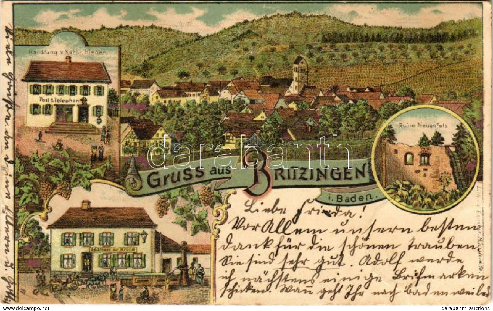 T3 1903 Britzingen (Müllheim), Handlung V. Kathr. Hieber, Post & Telephon, Ruine Neuenfels, Gasthaus Zur Krone. Art Nouv - Ohne Zuordnung