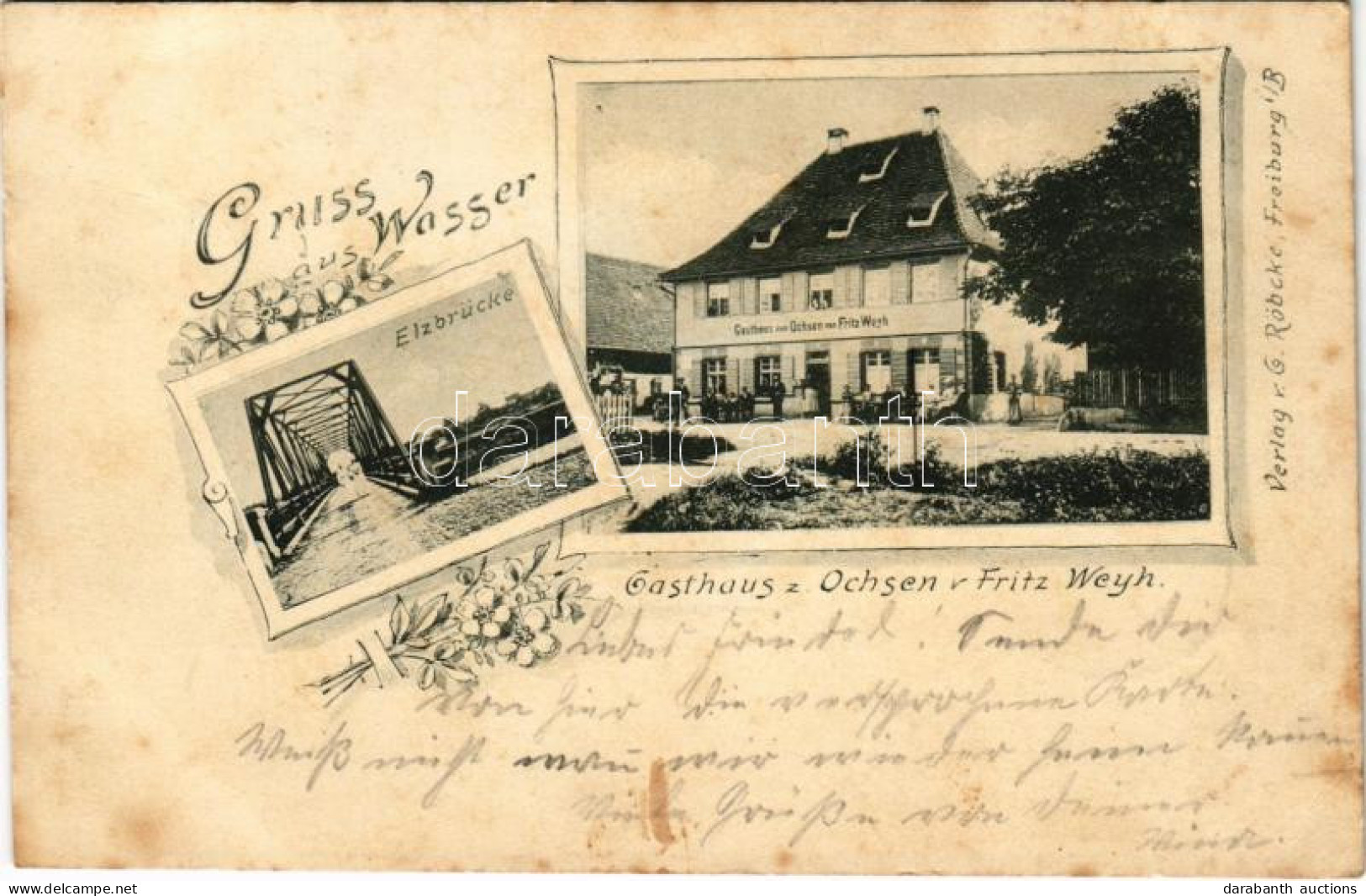 T3 1904 Emmendingen, Gruss Aus Wasser. Elzbrücke, Gasthaus Z. Ochsen V. Fritz Weyh / Bridge, Inn. Art Nouveau, Floral (E - Ohne Zuordnung