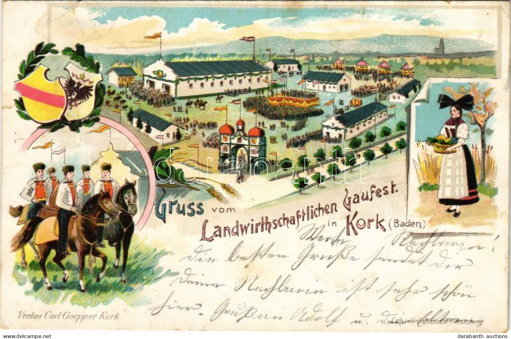 T3 1905 Kork (Kehl), Gruss Vom Landwirthschaftlichen Gaufest. Art Nouveau, Floral, Litho With Coat Of Arms (small Tears) - Non Classés