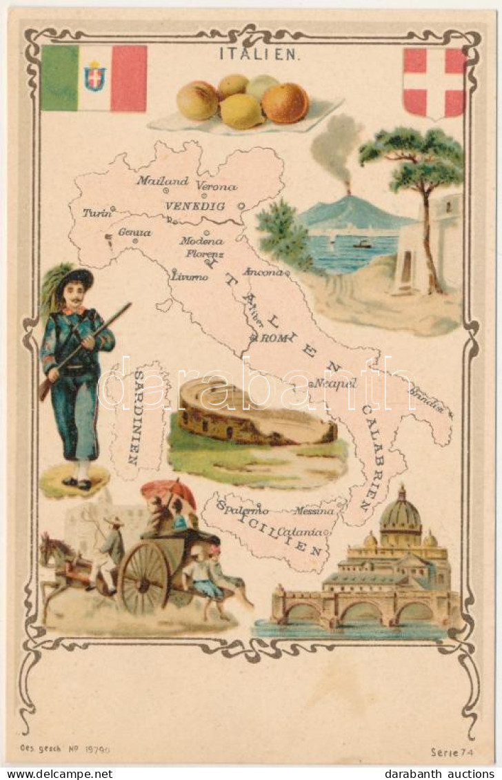 ** T1 Italien / Italy. Art Nouveau Litho Map With Coat Of Arms And Flag. Serie 74. - Ohne Zuordnung