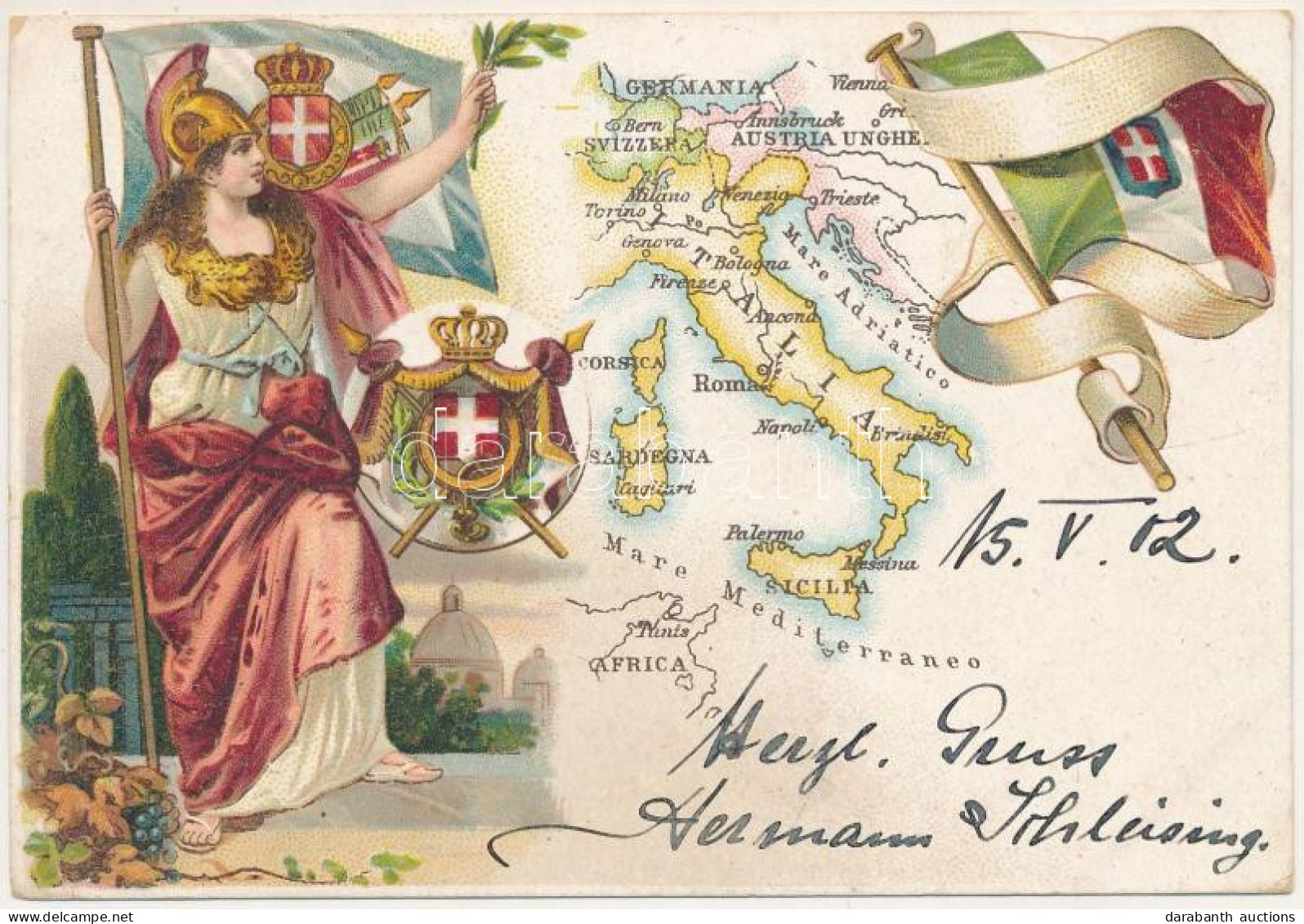 T2/T3 1902 Italia / Italy. Art Nouveau Litho Map With Coat Of Arms And Flag (EK) - Non Classificati