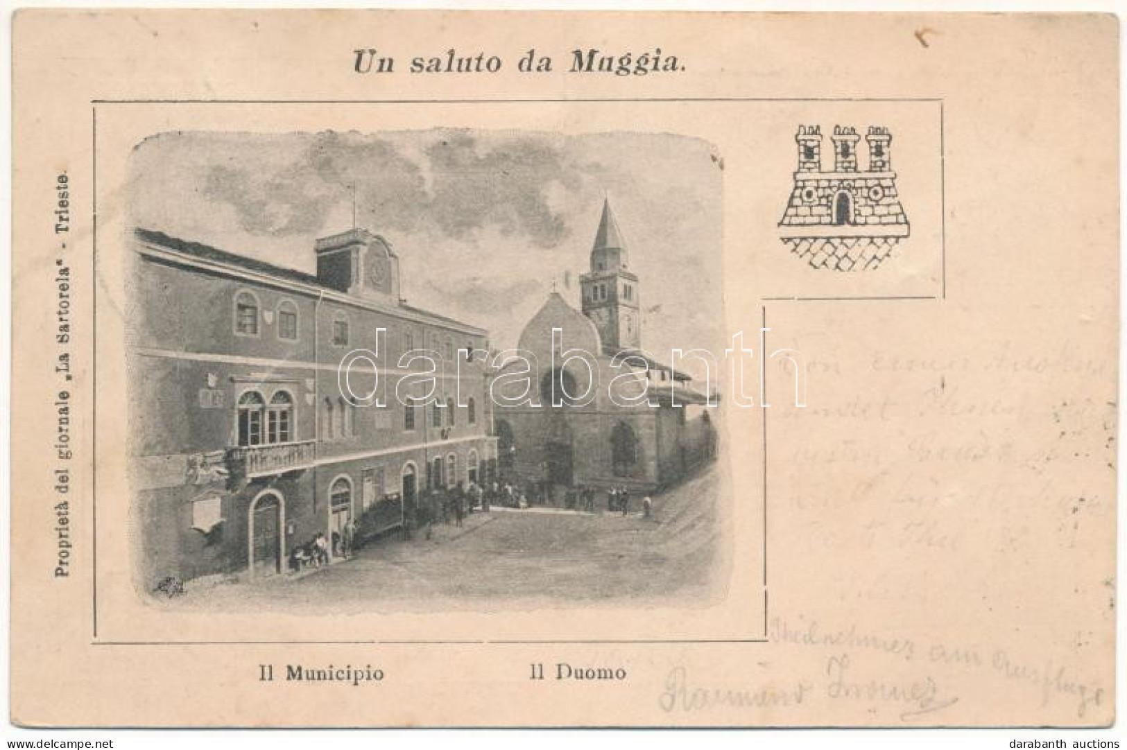 T4 1899 (Vorläufer) Muggia, Il Municipio, Il Duomo / Town Hall, Cathedral, Coat Of Arms (pinhole) - Non Classés