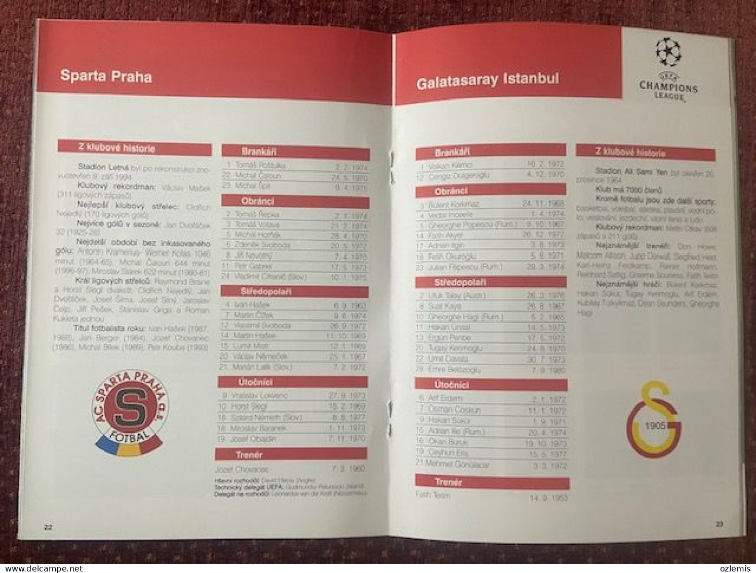 SPARTA PRAHA ,GALATASARAY  ,CHAMPIONS LEAGUE   ,MATCH SCHEDULE 1997 - Bücher