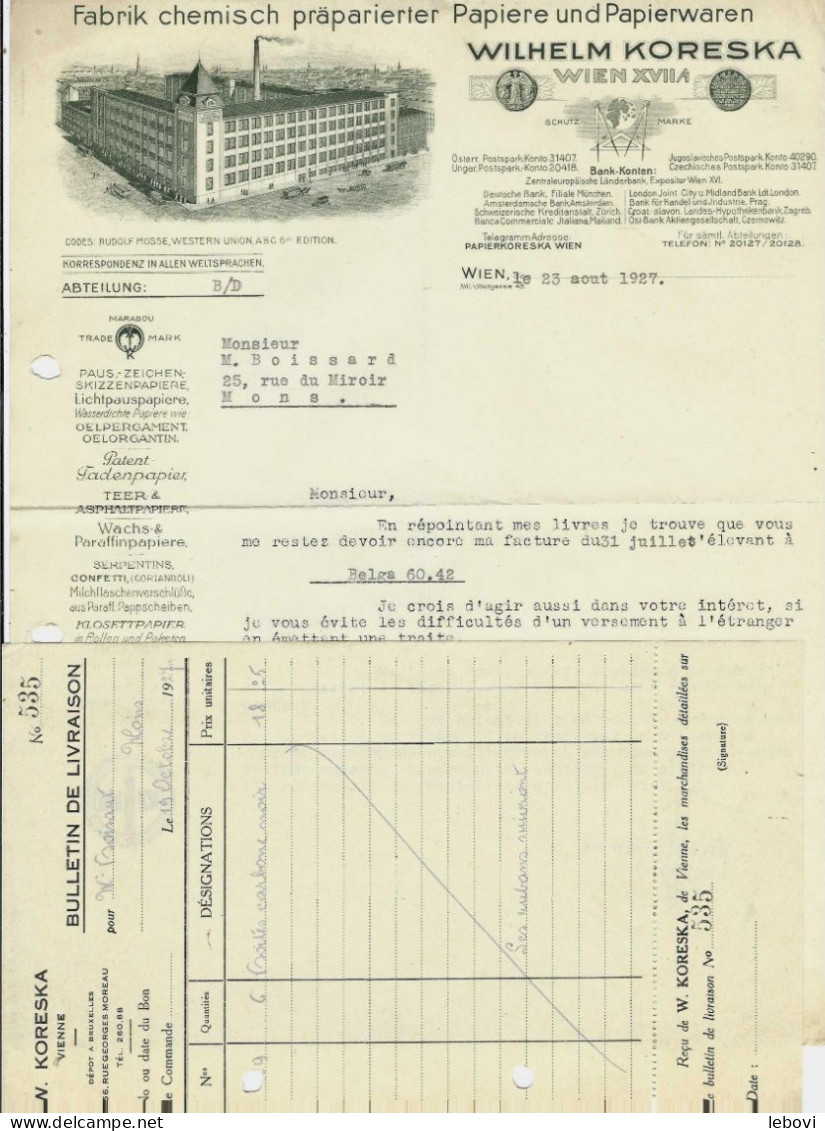 WIEN XVII.I Ets. W. KORESKA Fabrik Chemisch Präparierter Papiere Und Papierwaren – Lot De 3 Documents Commerciaux (1927) - Österreich