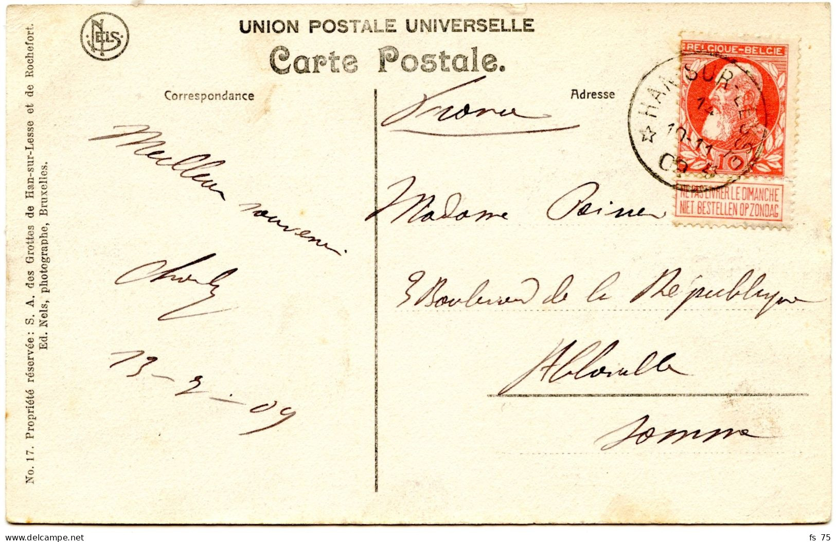 BELGIQUE - COB 74 SIMPLE CERCLE RELAIS A ETOILES HAN-SUR-LESSE SUR CARTE POSTALE, 1909 - Sternenstempel