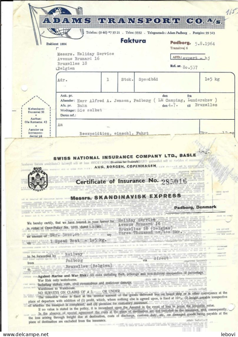 Danemark – PADBORG – Ers ADAMS TRANSPORT CO – Lot De 3 Documents Commerciaux (1964) - Autres & Non Classés