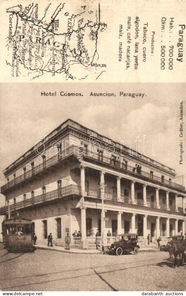 * T2/T3 Asunción, Hotel Cosmos, Tram With Automobiles, Map. Photografo Grüter (EK) - Non Classés