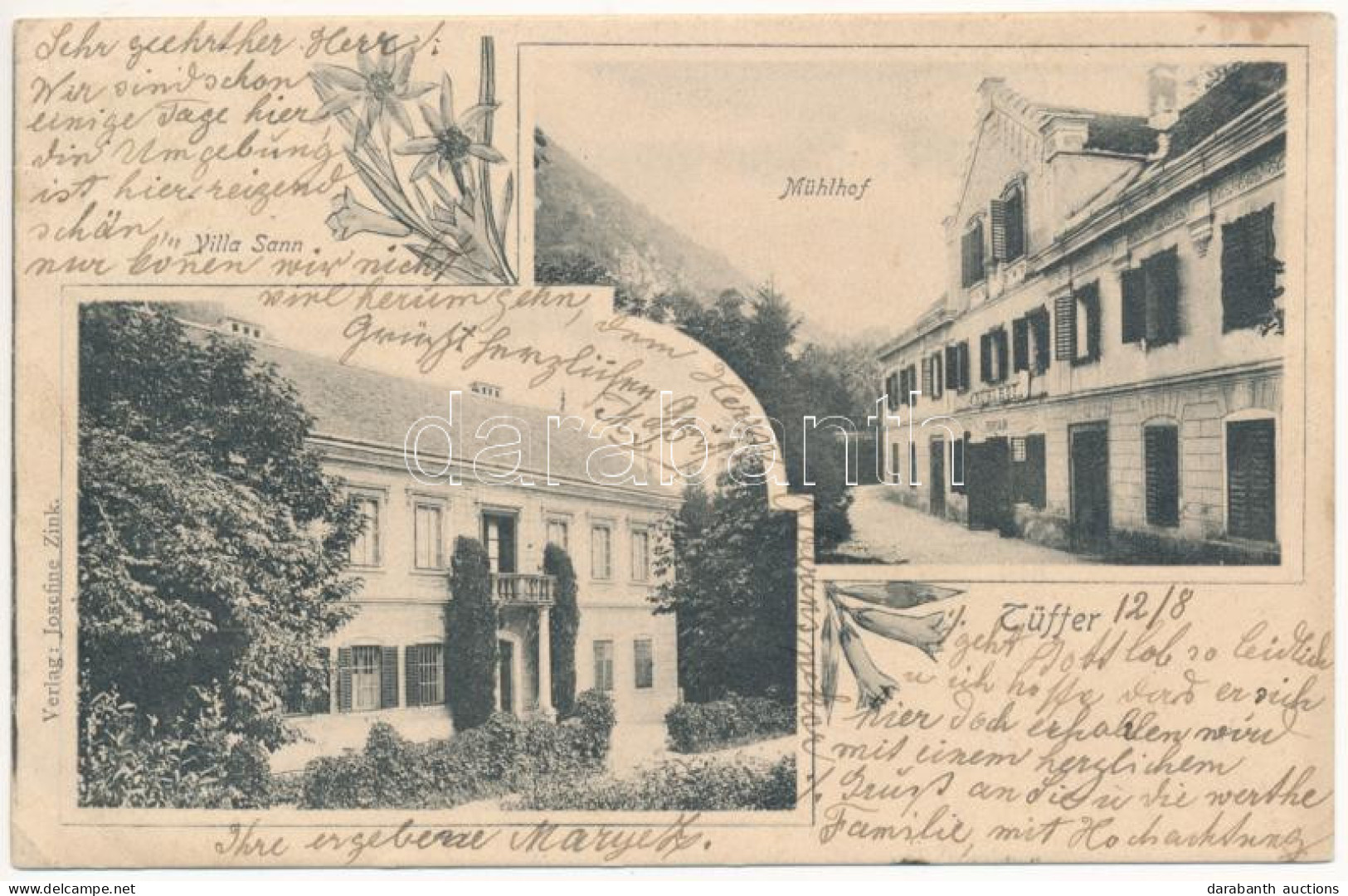 T2/T3 1908 Lasko, Tüffer; Villa Sann, Mühlhof Hotel. Verlag Josefine Zink, Art Nouveau, Floral (EK) - Unclassified