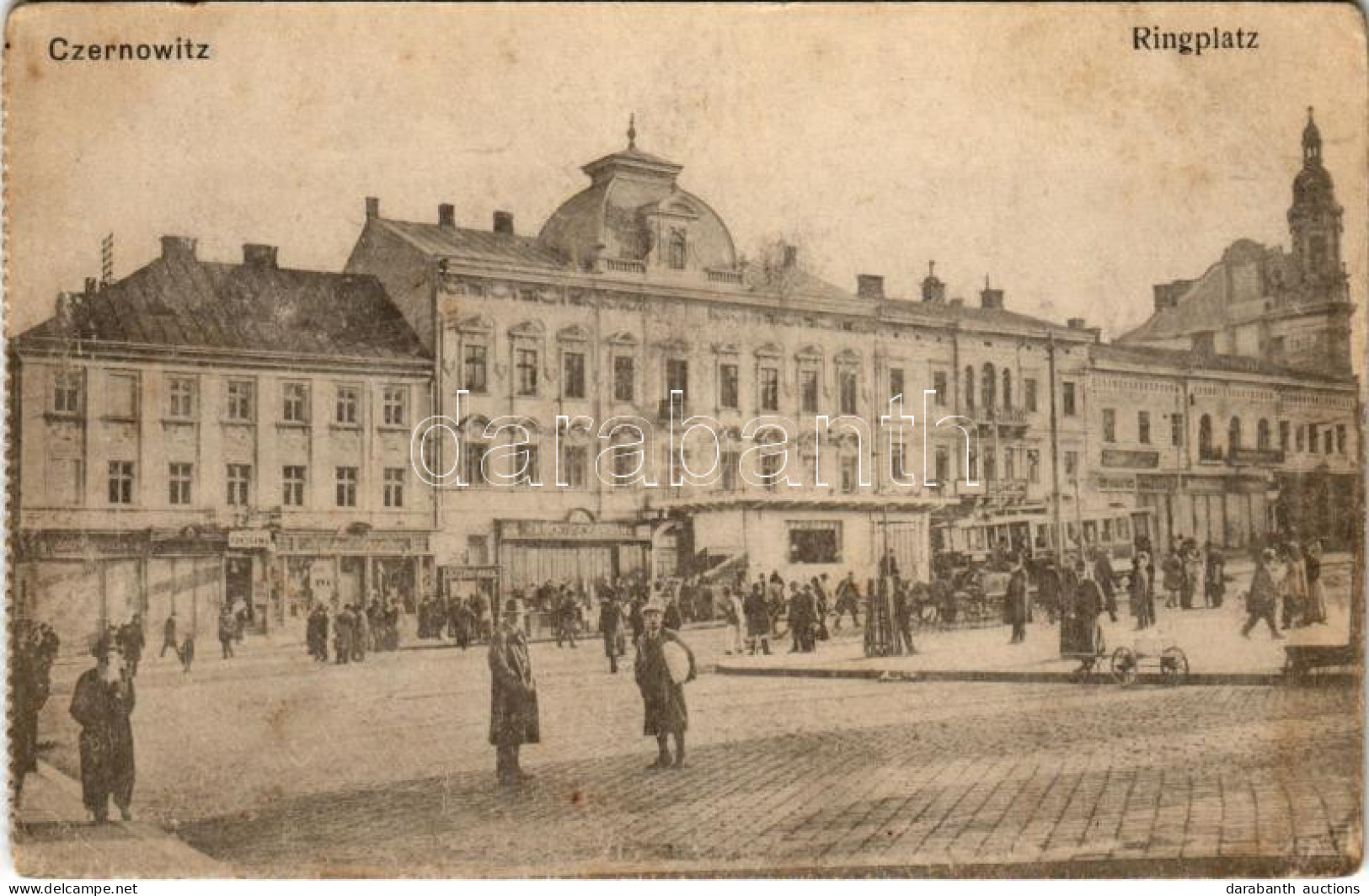 ** T3 Chernivtsi, Czernowitz, Cernauti, Csernyivci (Bukovina, Bucovina, Bukowina); Ringplatz / Square, Tram, Shops (EB) - Ohne Zuordnung