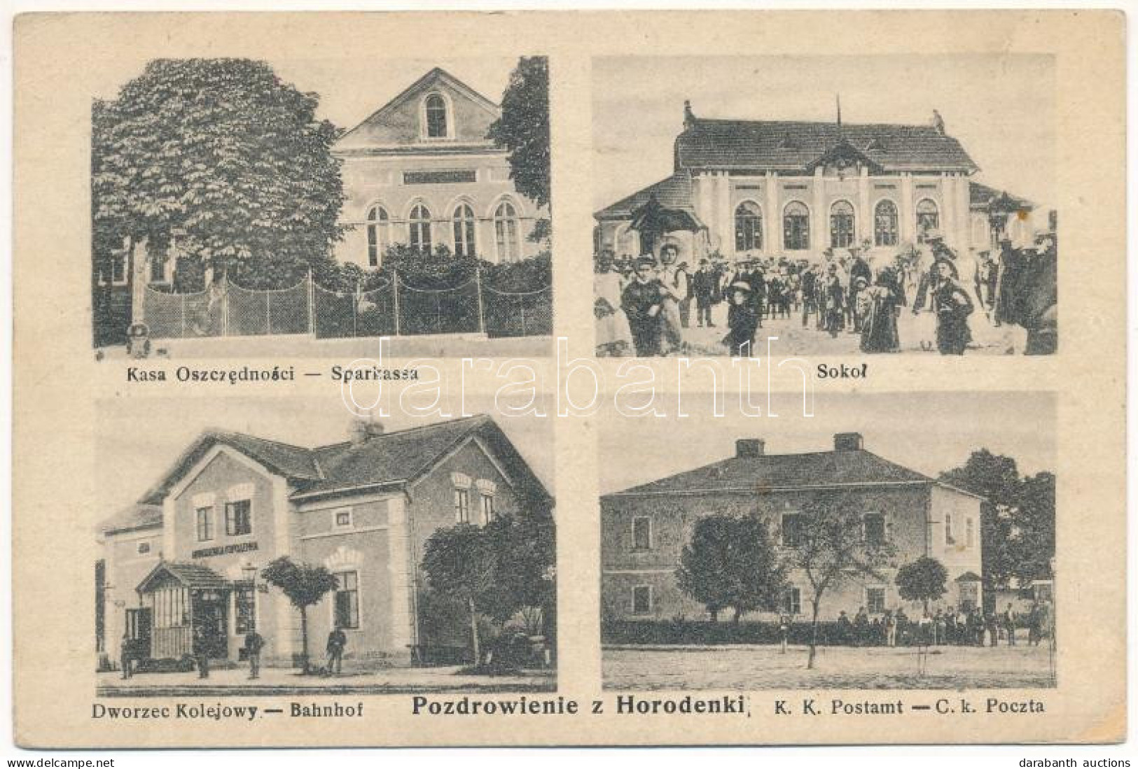 * T2/T3 1916 Horodenka, Horodence, Horodenke; Sparkassa, Sokol, Bahnhof, K. K. Postamt / Savings Bank, Sokol House, Rail - Ohne Zuordnung