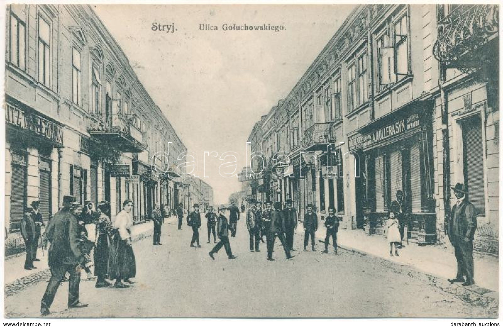 T2 1910 Stryi, Stryj, Strij; Ulica Goluchowskiego, Fryzyer, A. Müller Syn / Street, Hairdresser, Shops - Non Classificati