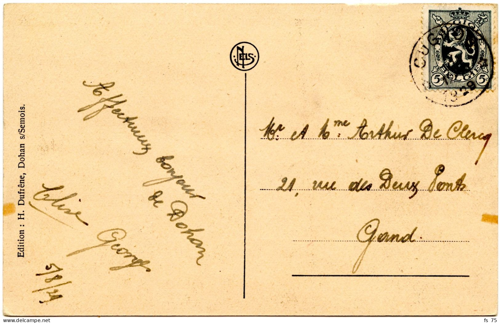 BELGIQUE - COB 279 SIMPLE CERCLE RELAIS A ETOILES CUGNON SUR CARTE POSTALE, 1929 - Cachets à étoiles