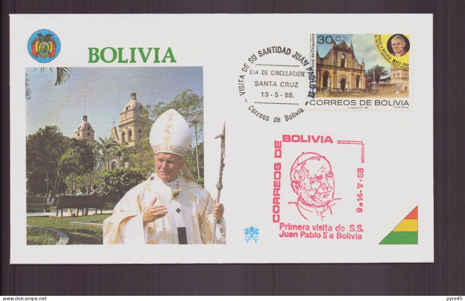 Bolivie, FDC,  Enveloppe  Du 13 Mai 1988 " Visite Du Pape Jean-Paul Ii à Santa Cruz - Bolivie