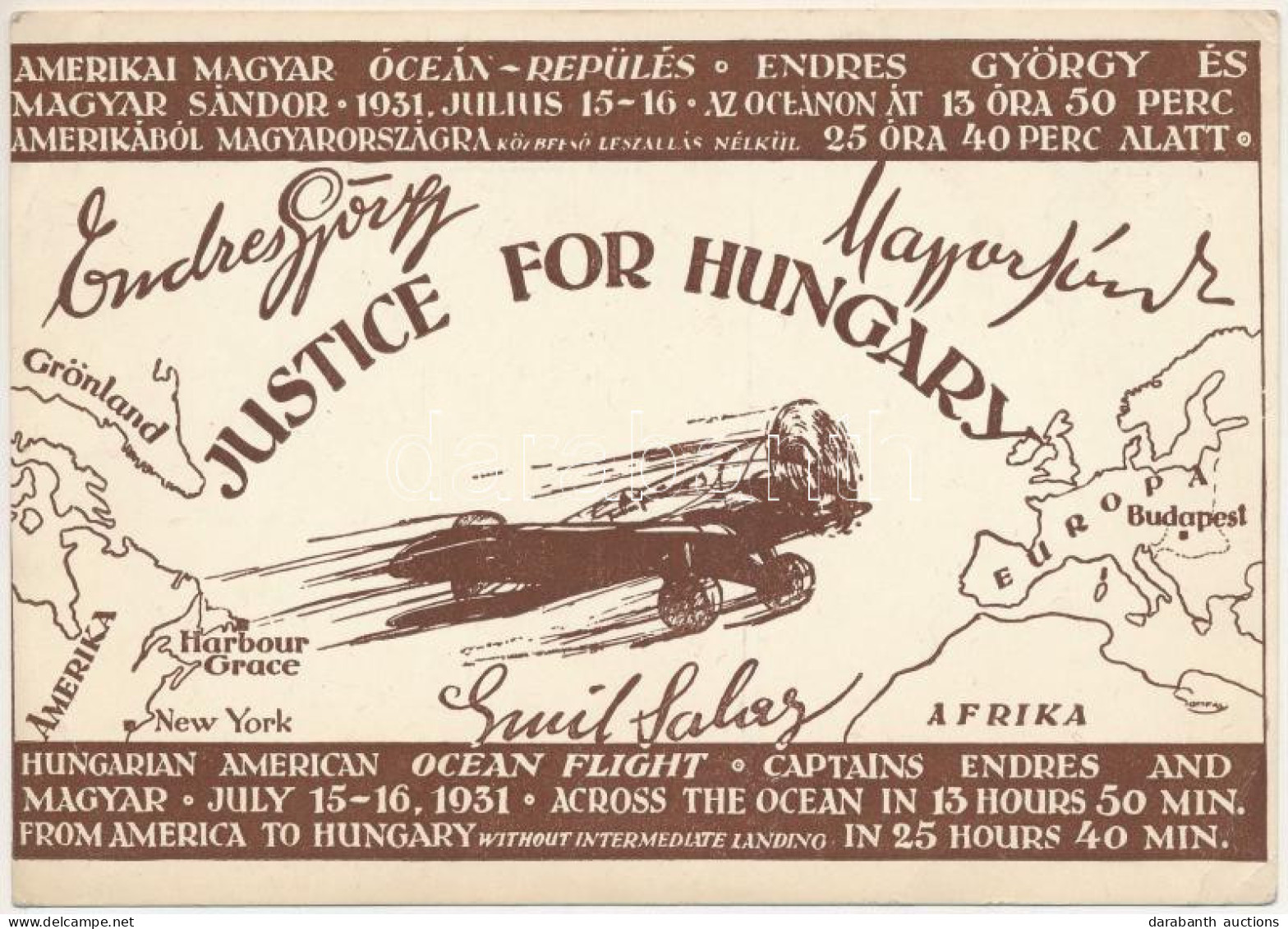 ** T2/T3 1931 Justice For Hungary, Endresz György és Wilczek Sándor Amerikai-Magyar óceánrepülése. Kiadja A Magyar Nemze - Ohne Zuordnung