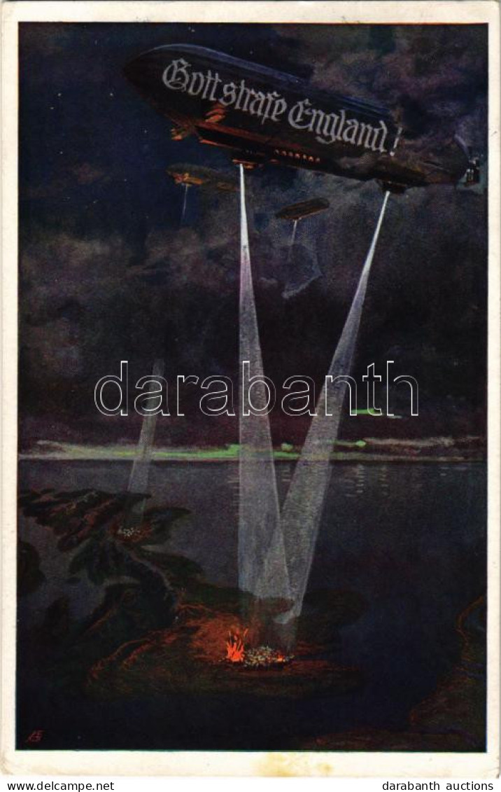 T2/T3 Gott Strafe England! / WWI German Military Art Postcard, Anti-British Propaganda With Airship. Deutsche Schulverei - Ohne Zuordnung