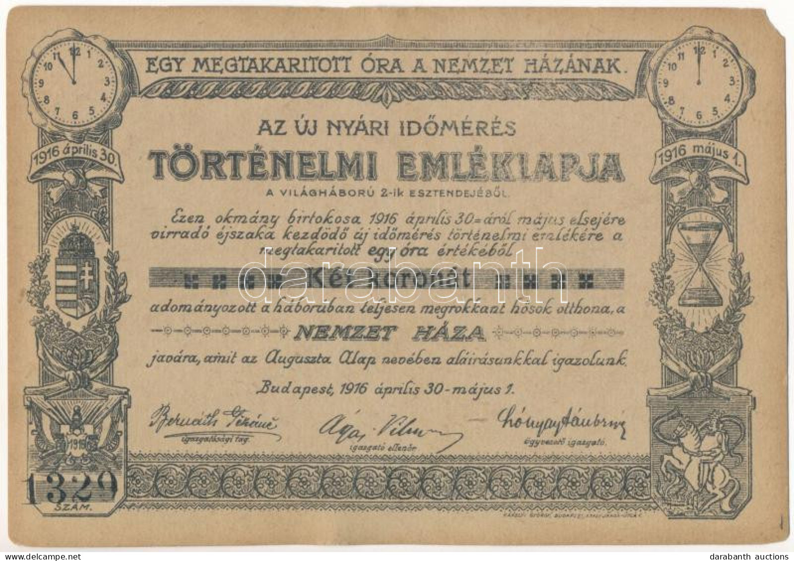 ** T4 1916 Egy Megtakarított óra A Nemzet Házának. Az új Nyári Időmérés Történelmi Emléklapja A Világháború 2. Esztendej - Non Classificati