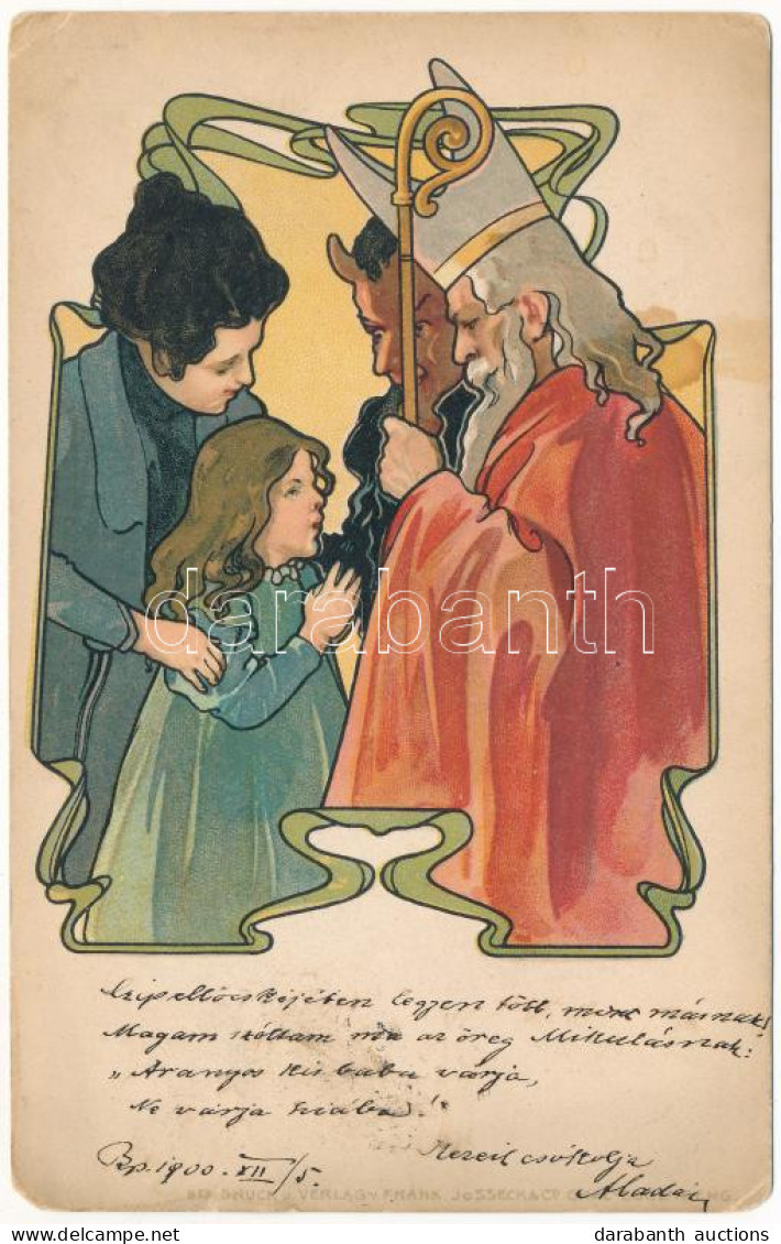 * T3 1900 Krampusz és Mikulás. Szecessziós / Krampus And Saint Nicholas. Frank Josseck & Co. 313. Art Nouveau, Litho (EM - Unclassified