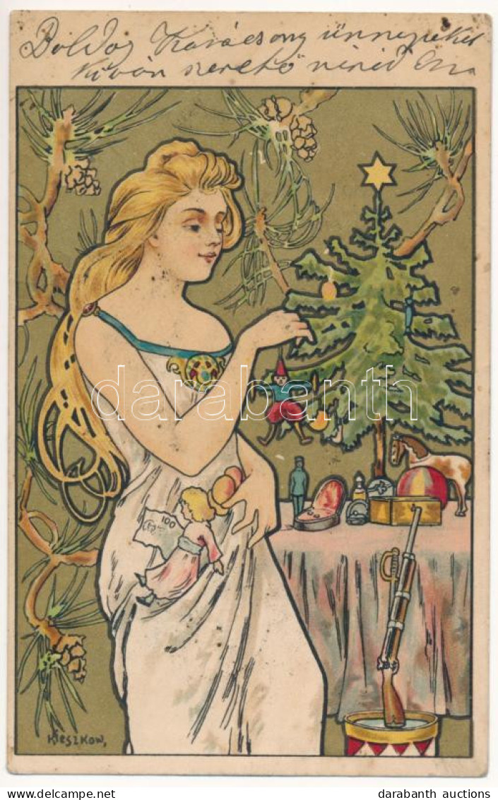 * T3 Karácsony / Golden Christmas. Art Nouveau Litho Postcard S: Kieszkow (fl) - Ohne Zuordnung