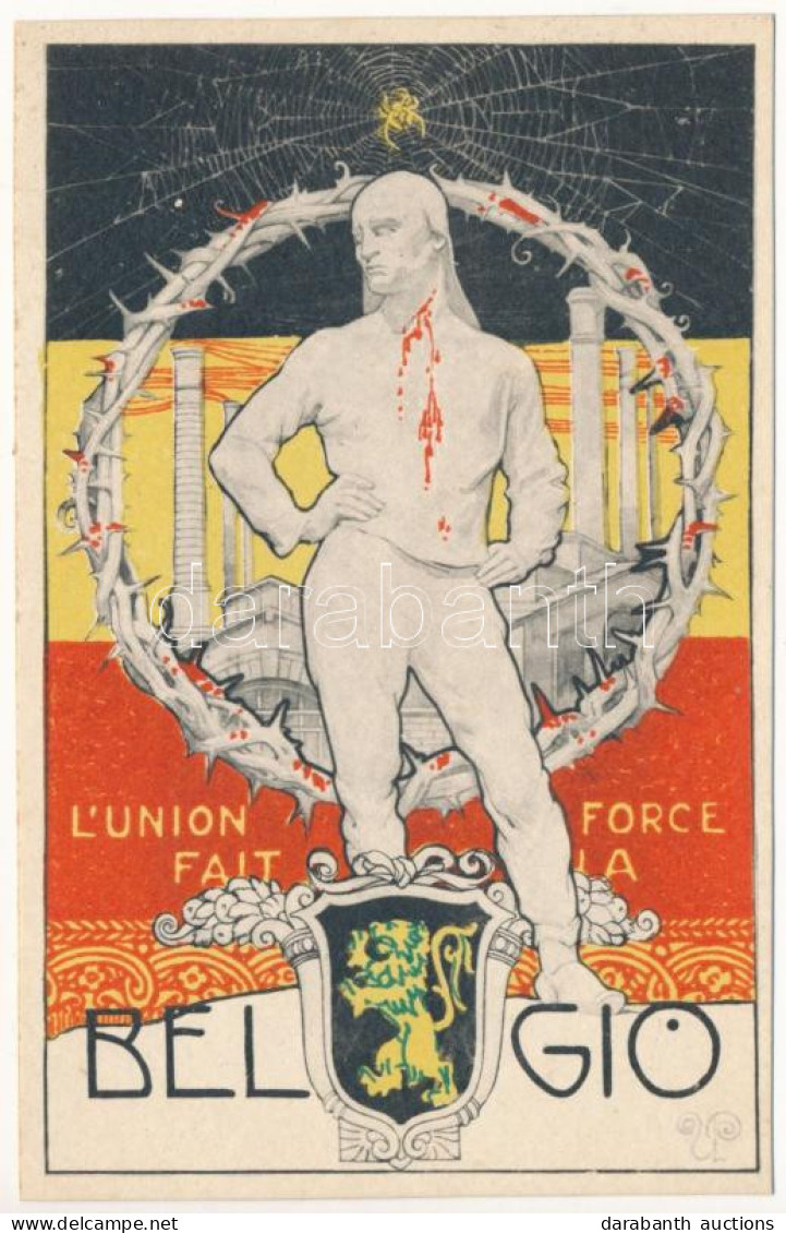 ** T1/T2 L'union Fait La Force Belgio / Unity Makes Strength. WWI Belgian Propaganda, Coat Of Arms, Flag . U. Palchetti - Non Classificati