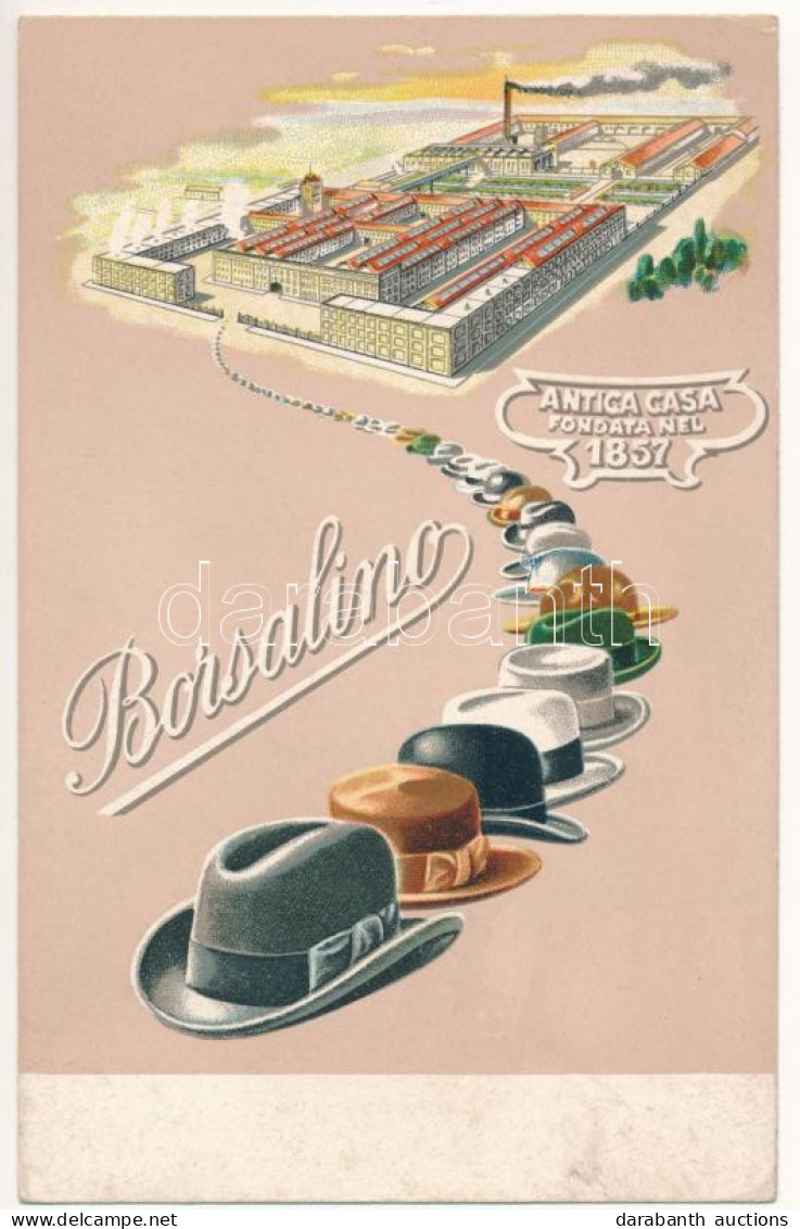 ** T2/T3 Borsalino Antica Casa Fondata Nel 1857 / Olasz Kalap Reklám A Gyárral / Italian Hat Advertisement With The Fact - Non Classés