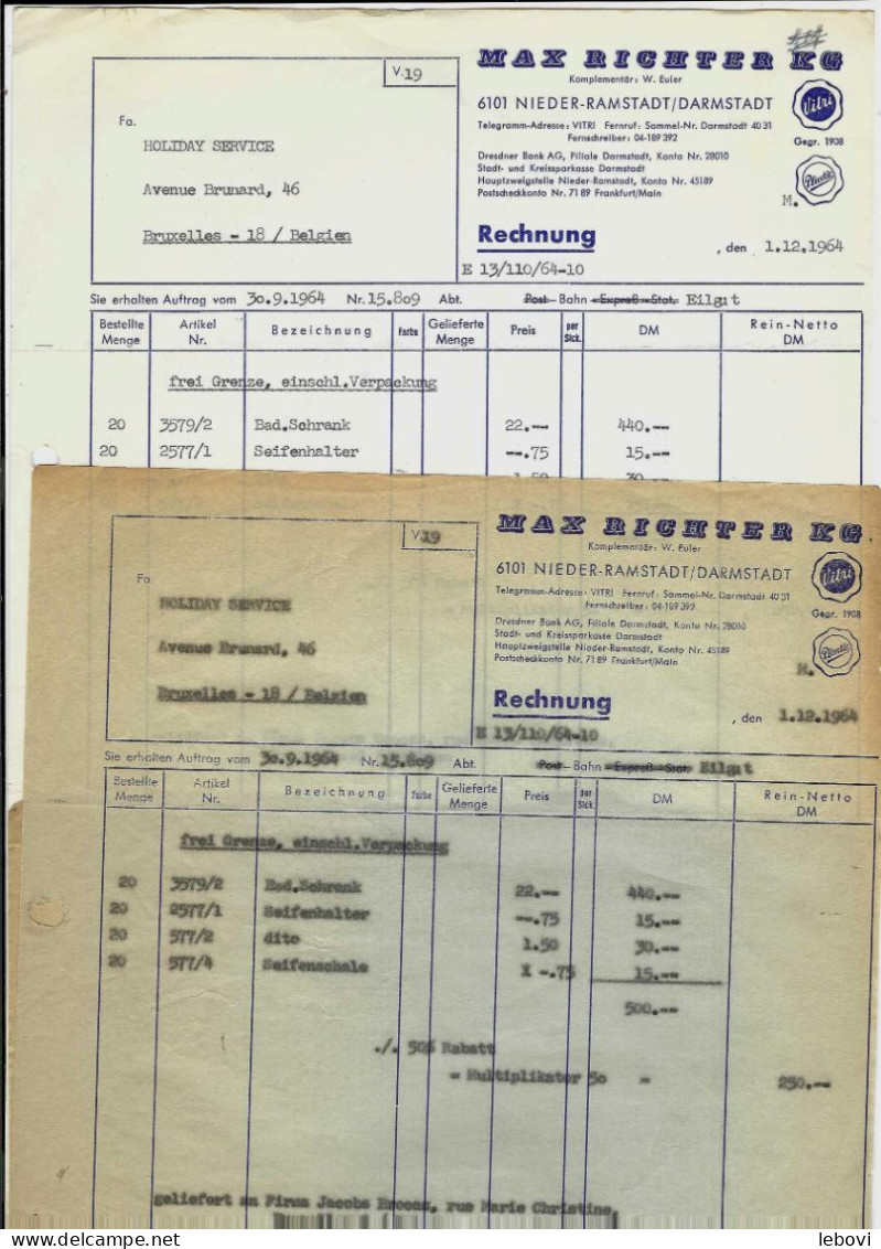 Allemagne – DARMSTADT Ets MAX RICHTER - Lot De 2 Documents Commerciaux (1964) - 1950 - ...