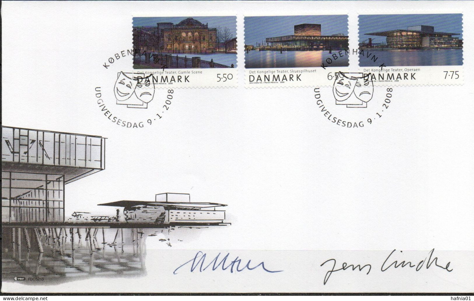 Martin Mörck. Denmark 2008. New Theater Of The Danish National Theater. Michel 1486 - 1488 FDC. Signed. - FDC